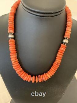 Native American Pink Coral Navajo Sterling Silver Bead 18 Necklace 01951