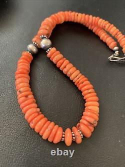Native American Pink Coral Navajo Sterling Silver Bead 18 Necklace 01951