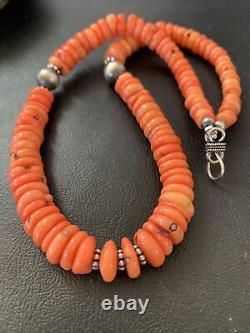Native American Pink Coral Navajo Sterling Silver Bead 18 Necklace 01951