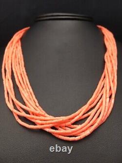 Native American Pink Coral Navajo Sterling Silver Necklace 10 Strand 4388