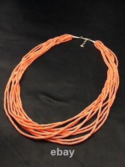 Native American Pink Coral Navajo Sterling Silver Necklace 10 Strand 4388