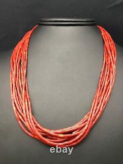 Native American Red Coral Navajo Sterling Silver Necklace 10 Strand 4387