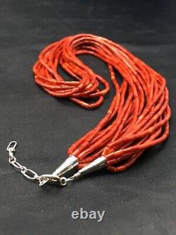 Native American Red Coral Navajo Sterling Silver Necklace 10 Strand 4387
