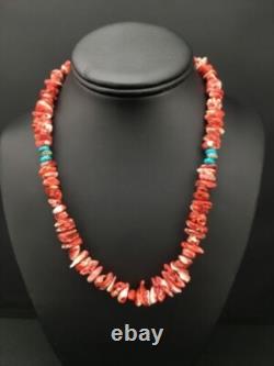 Native American Red Spiny Oyster Navajo Sterling Silver Necklace 18 4763