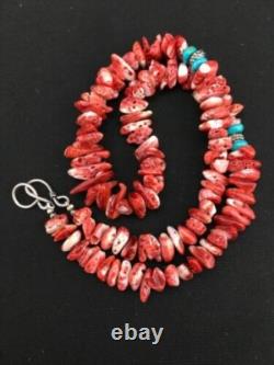 Native American Red Spiny Oyster Navajo Sterling Silver Necklace 18 4763