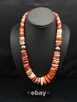 Native American Red Spiny Oyster Navajo Sterling Silver Necklace 20 04026