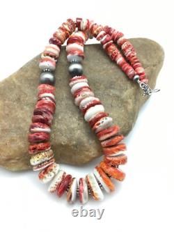 Native American Red Spiny Oyster Navajo Sterling Silver Necklace 20 04026