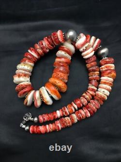 Native American Red Spiny Oyster Navajo Sterling Silver Necklace 20 04026