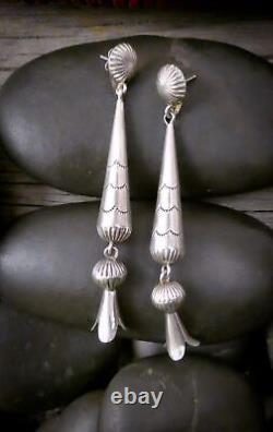 Native American Sterling Silver Bead Navajo Squash Blossom Dangle Earrings
