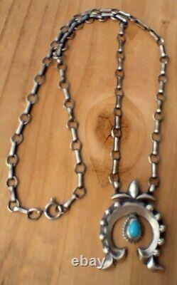 Native American Sterling Silver Cast Navajo Turquoise Naja Bar Necklace RB 14.8