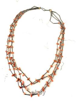 Native American Sterling Silver Coral Quadruple Strand Necklace 925 Old Pawn