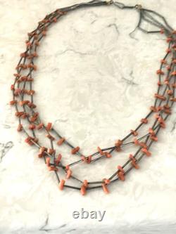 Native American Sterling Silver Coral Quadruple Strand Necklace 925 Old Pawn