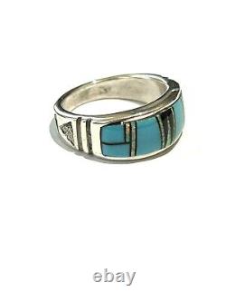 Native American Sterling Silver Handmade Navajo Inlay Turquoise Ring Size 10