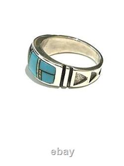 Native American Sterling Silver Handmade Navajo Inlay Turquoise Ring Size 10