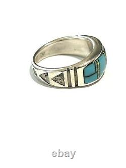 Native American Sterling Silver Handmade Navajo Inlay Turquoise Ring Size 12.5