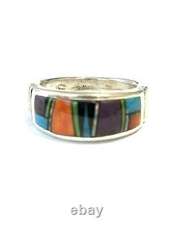 Native American Sterling Silver Handmade Navajo Inlay multicolor Ring size 11.5