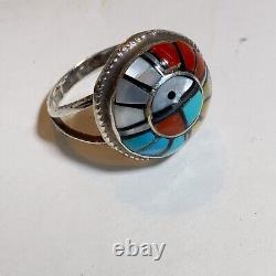Native American Sterling Silver Handmade Navajo Multicolor Inlay Ring Turquoise