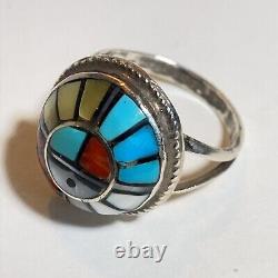 Native American Sterling Silver Handmade Navajo Multicolor Inlay Ring Turquoise