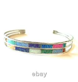 Native American Sterling Silver Handmade Navajo Multicolor Opal Ladies Bracelet