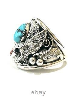 Native American Sterling Silver Handmade Navajo Turquoise Eagle Ring Size 13.5