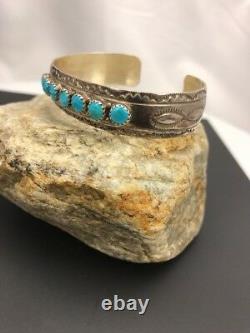 Native American Sterling Silver Kingman Turquoise Bracelet Handmade Old Pawn