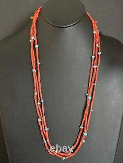 Native American Sterling Silver Multi Strand Coral Turquoise Bead Necklace 30