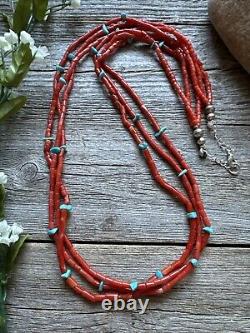 Native American Sterling Silver Multi Strand Coral Turquoise Bead Necklace 30