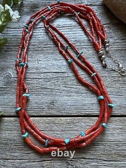 Native American Sterling Silver Multi Strand Coral Turquoise Bead Necklace 30
