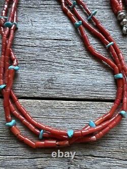 Native American Sterling Silver Multi Strand Coral Turquoise Bead Necklace 30