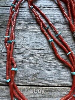 Native American Sterling Silver Multi Strand Coral Turquoise Bead Necklace 30