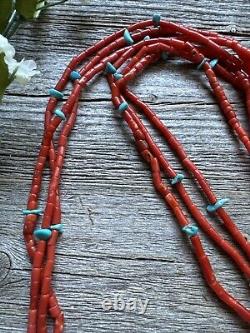 Native American Sterling Silver Multi Strand Coral Turquoise Bead Necklace 30