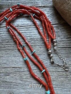 Native American Sterling Silver Multi Strand Coral Turquoise Bead Necklace 30