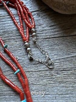 Native American Sterling Silver Multi Strand Coral Turquoise Bead Necklace 30