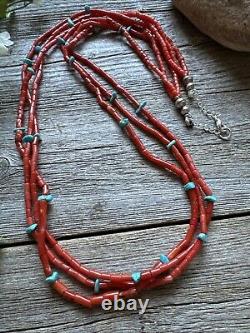 Native American Sterling Silver Multi Strand Coral Turquoise Bead Necklace 30