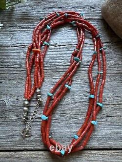 Native American Sterling Silver Multi Strand Coral Turquoise Bead Necklace 30