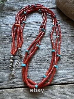 Native American Sterling Silver Multi Strand Coral Turquoise Bead Necklace 30