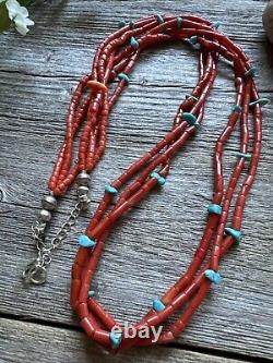 Native American Sterling Silver Multi Strand Coral Turquoise Bead Necklace 30
