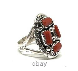 Native American Sterling Silver Navajo Handmade Coral Cluster Ring Size 8