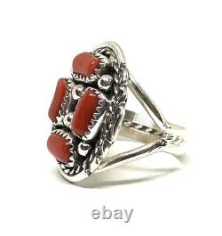 Native American Sterling Silver Navajo Handmade Coral Cluster Ring Size 8