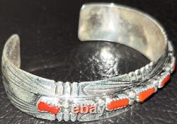 Native American Sterling Silver Navajo Handmade Coral Cuff Bracelet -Slinkey