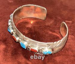 Native American Sterling Silver Navajo Handmade Coral Turquoise Cuff Bracelet