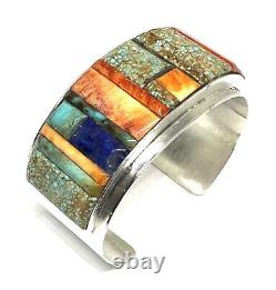 Native American Sterling Silver Navajo Handmade Inlay Multicolor Cuff Bracelets