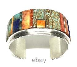 Native American Sterling Silver Navajo Handmade Inlay Multicolor Cuff Bracelets