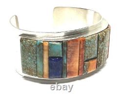 Native American Sterling Silver Navajo Handmade Inlay Multicolor Cuff Bracelets