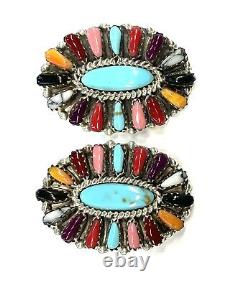 Native American Sterling Silver Navajo Handmade Multicolor Cluster Earrings