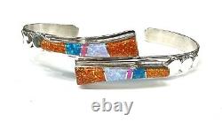 Native American Sterling Silver Navajo Handmade Multicolor Opal Cuff Bracelets