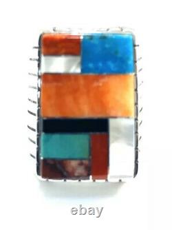 Native American Sterling Silver Navajo Handmade Multicolored Inlay Ring Sz 10