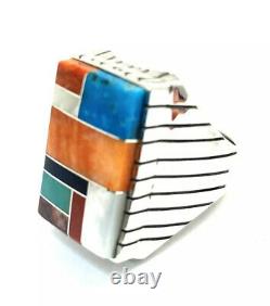 Native American Sterling Silver Navajo Handmade Multicolored Inlay Ring Sz 10