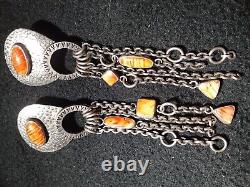 Native American Sterling Silver Navajo Handmade Spiny Oyster Dangle Earrings