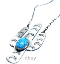 Native American Sterling Silver Navajo Handmade Turquoise Cactus Necklace